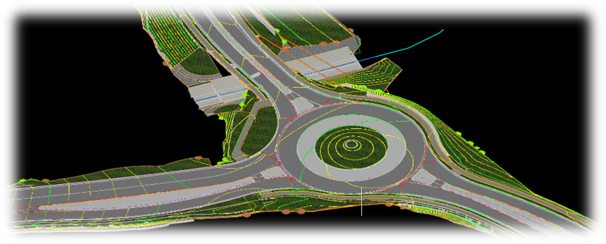 This image shows a 3-D CAD rendering of a proposed roundabout design.
